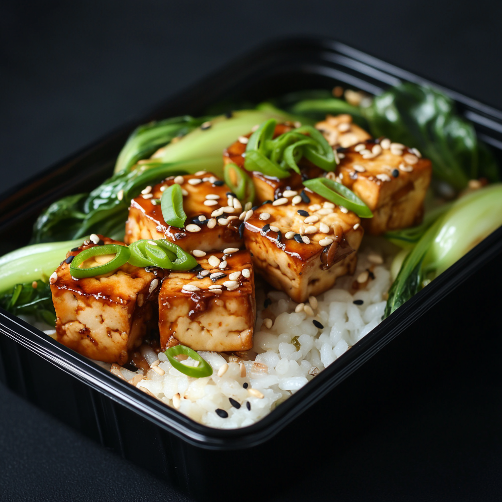 Miso Yuzu Tofu Bites over White Rice and Bok Choy