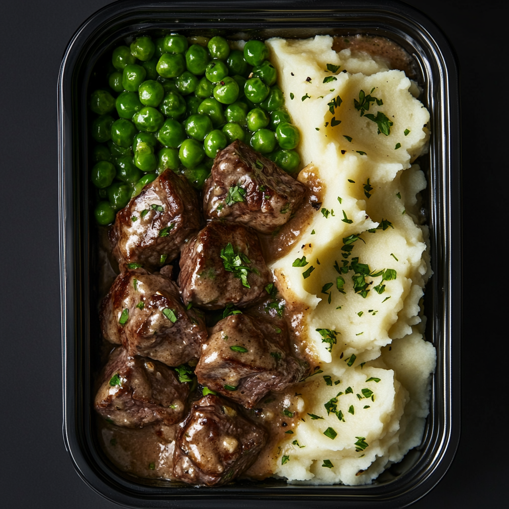 Garlic Alfredo Steak with Mashed Potatoes and Peas