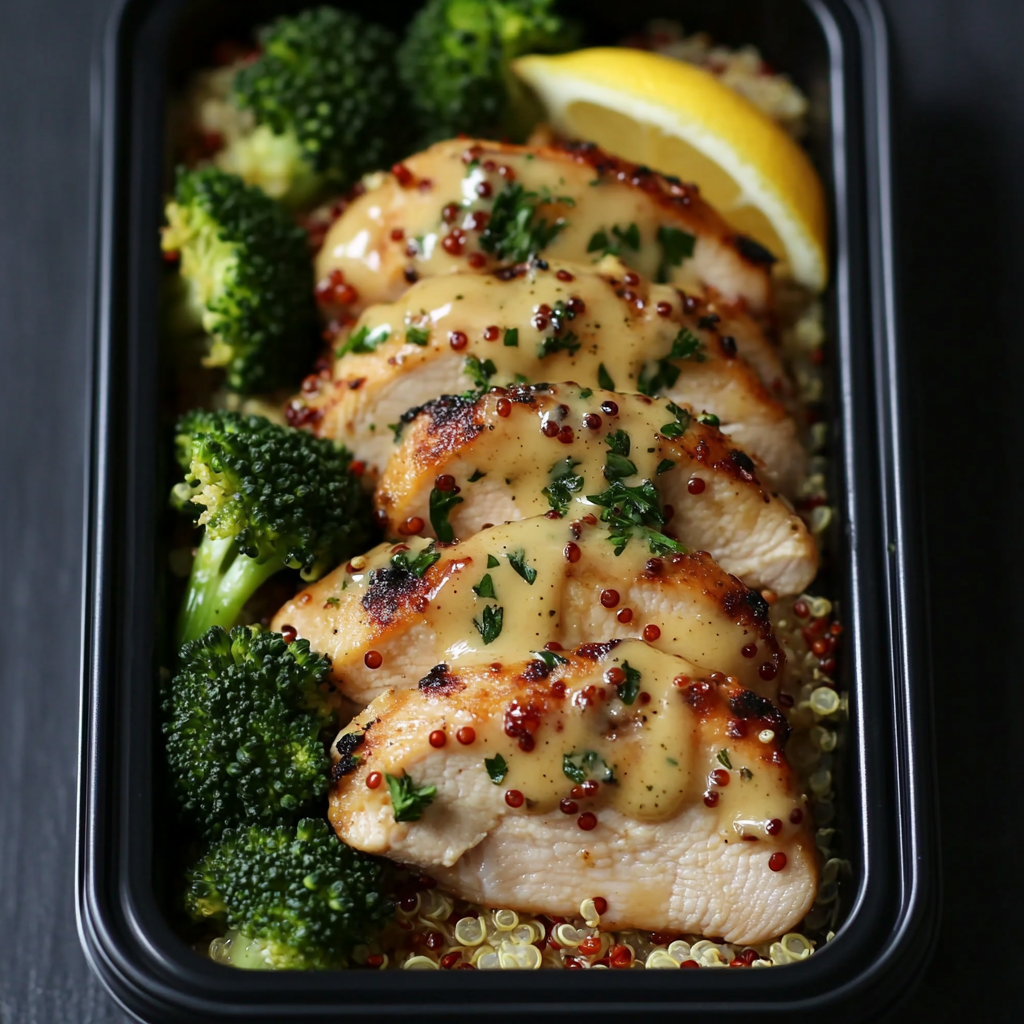 Honey Mustard Baked Chicken over Quinoa and Broccoli