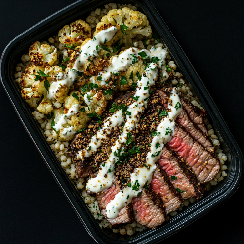 Grilled Moroccan Steak over Israeli Couscous and Cauliflower