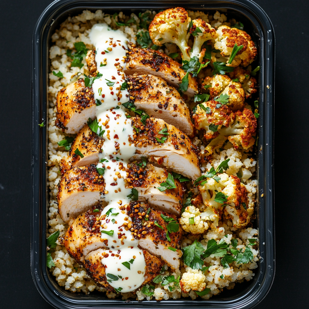 Sliced Moroccan Chicken over Israeli Couscous and Cauliflower