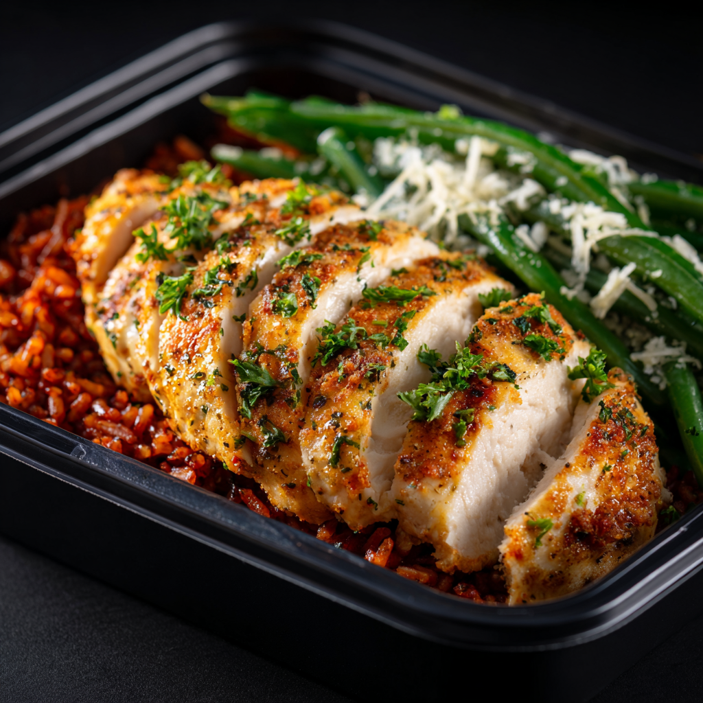 Baked Chicken Parm with Garlic Green Beans