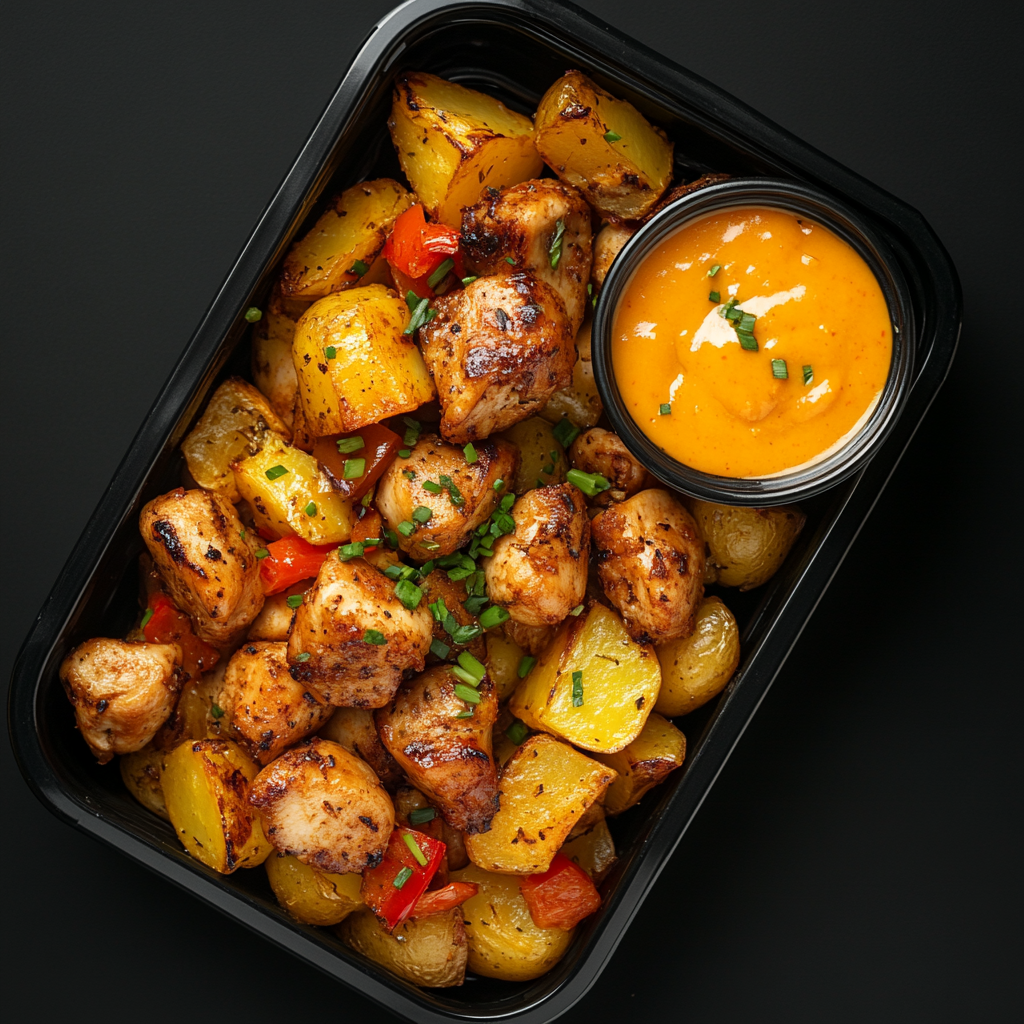 Smokey Chicken Bites with Bell Peppers over Patatas Bravas