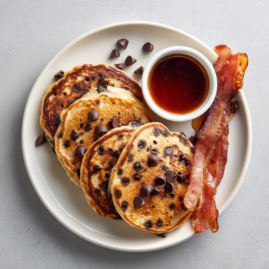 Chocolate Chip Protein Pancakes with Turkey Bacon