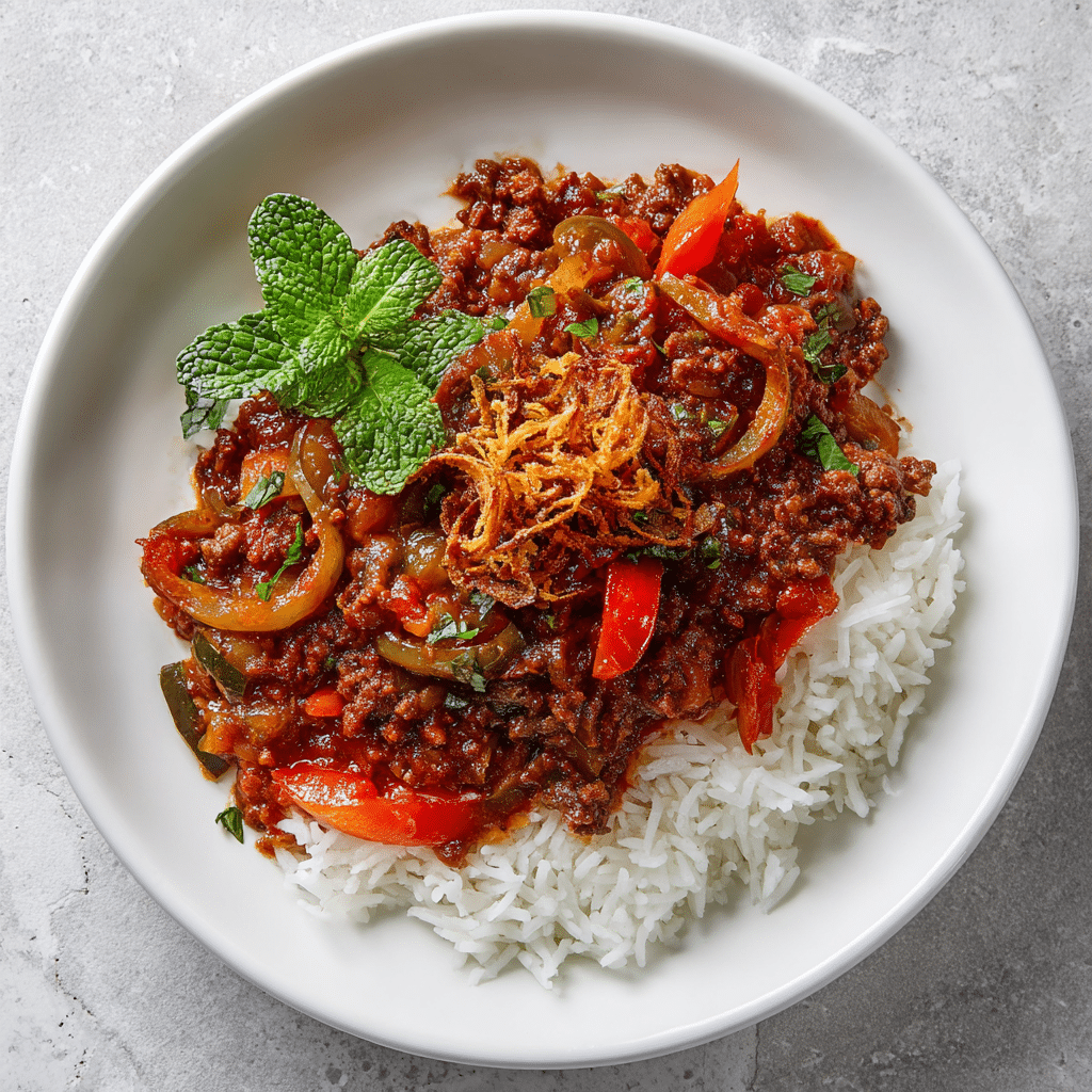 Ground Beef Turkish Moussaka with Steamed Rice