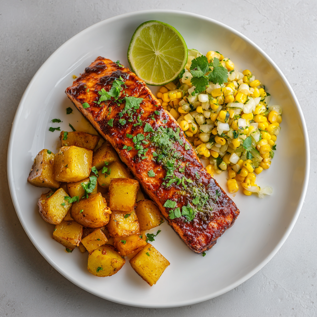Honey Chipotle Salmon with Potatoes and Poblano Corn Salad