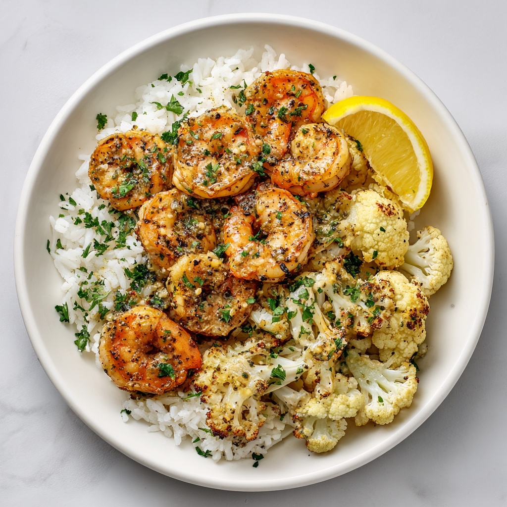 Lemon Pepper Shrimp over Herbed Rice and Cauliflower