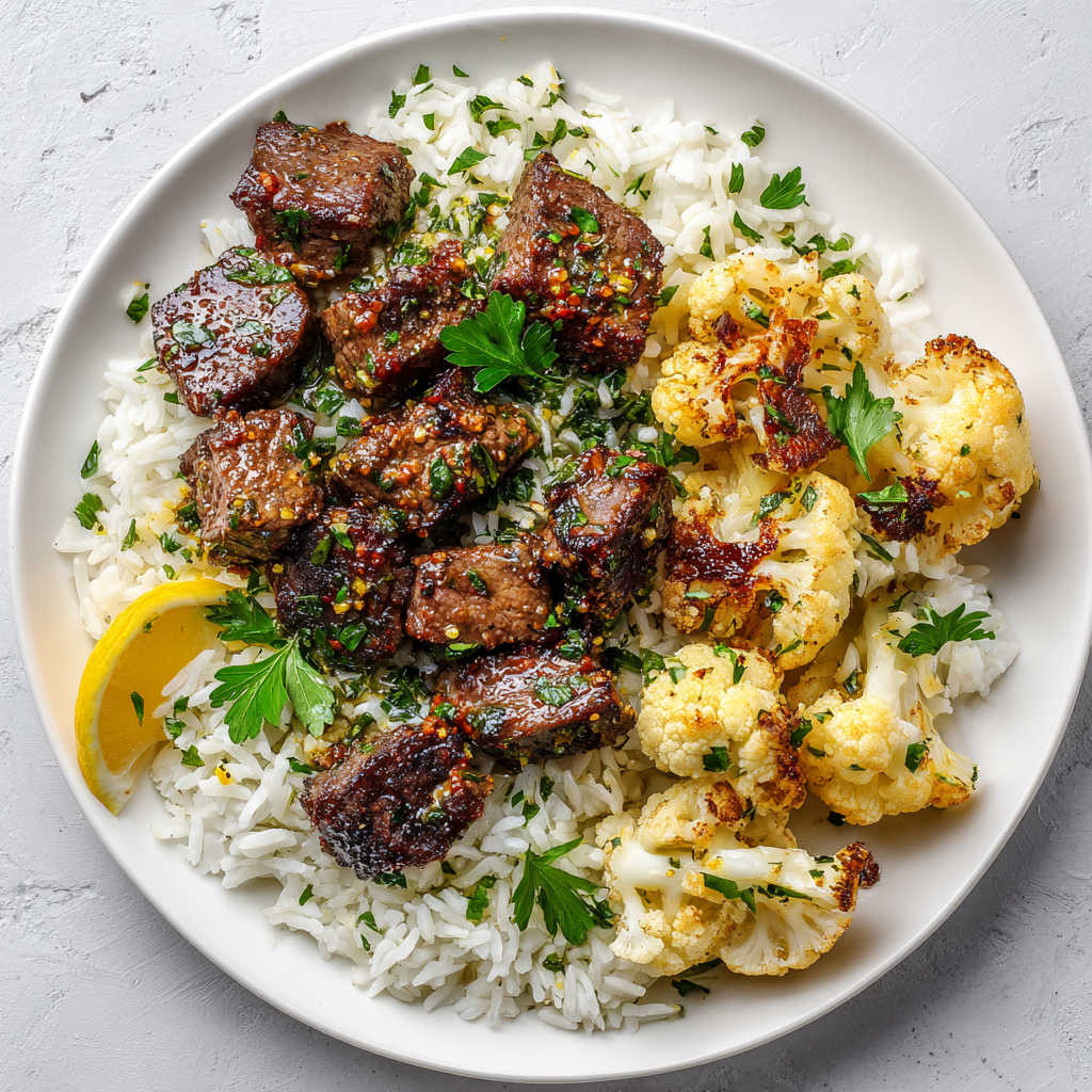 Lemon Pepper Steak Bites over Herbed Rice and Cauliflower