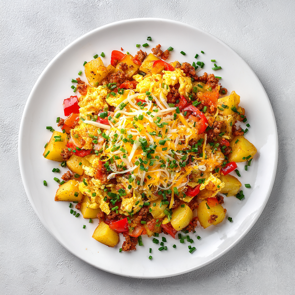Chorizo and Egg Scramble over Potato Hash