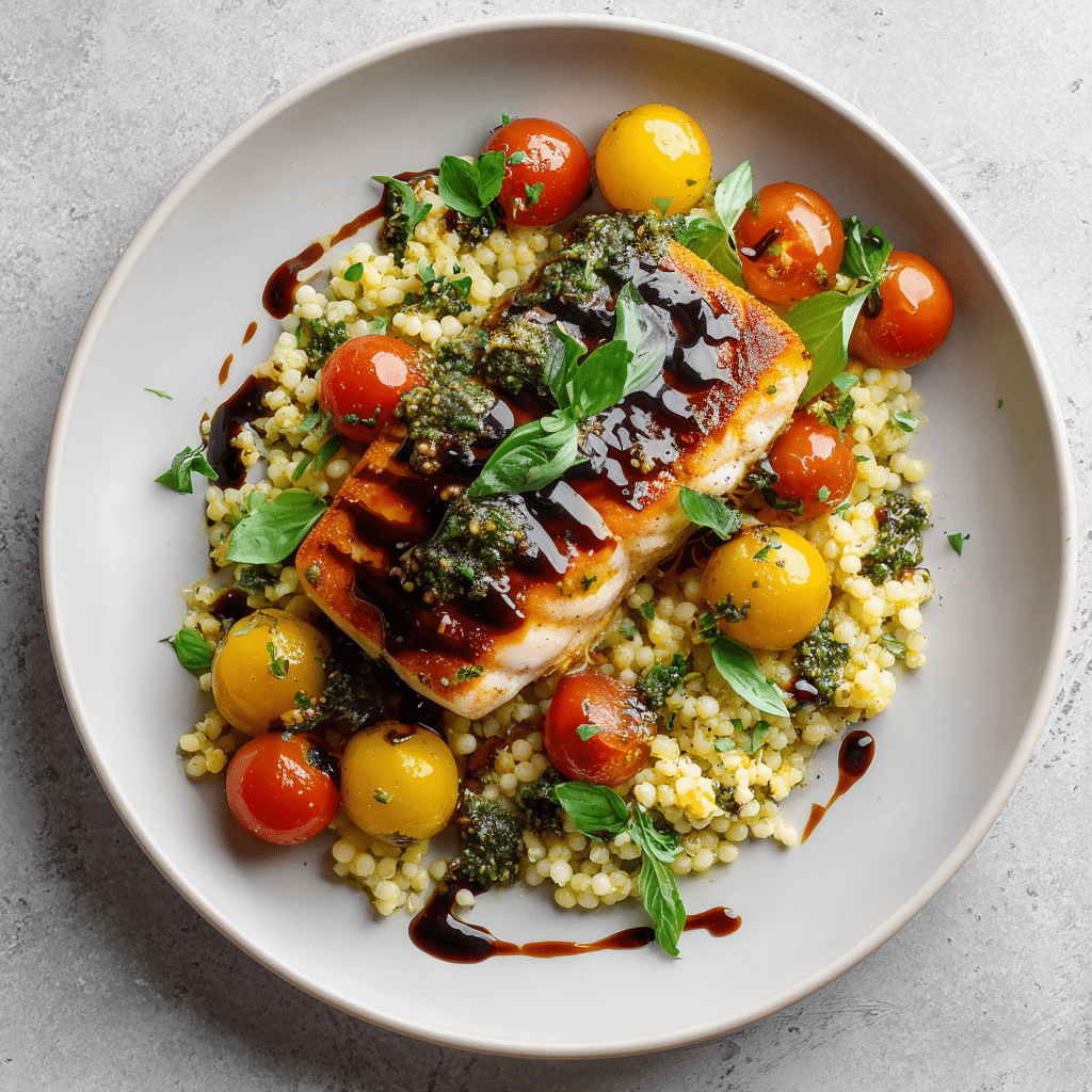 Balsamic Pesto Glazed Cod over Couscous and Cherry Tomatoes