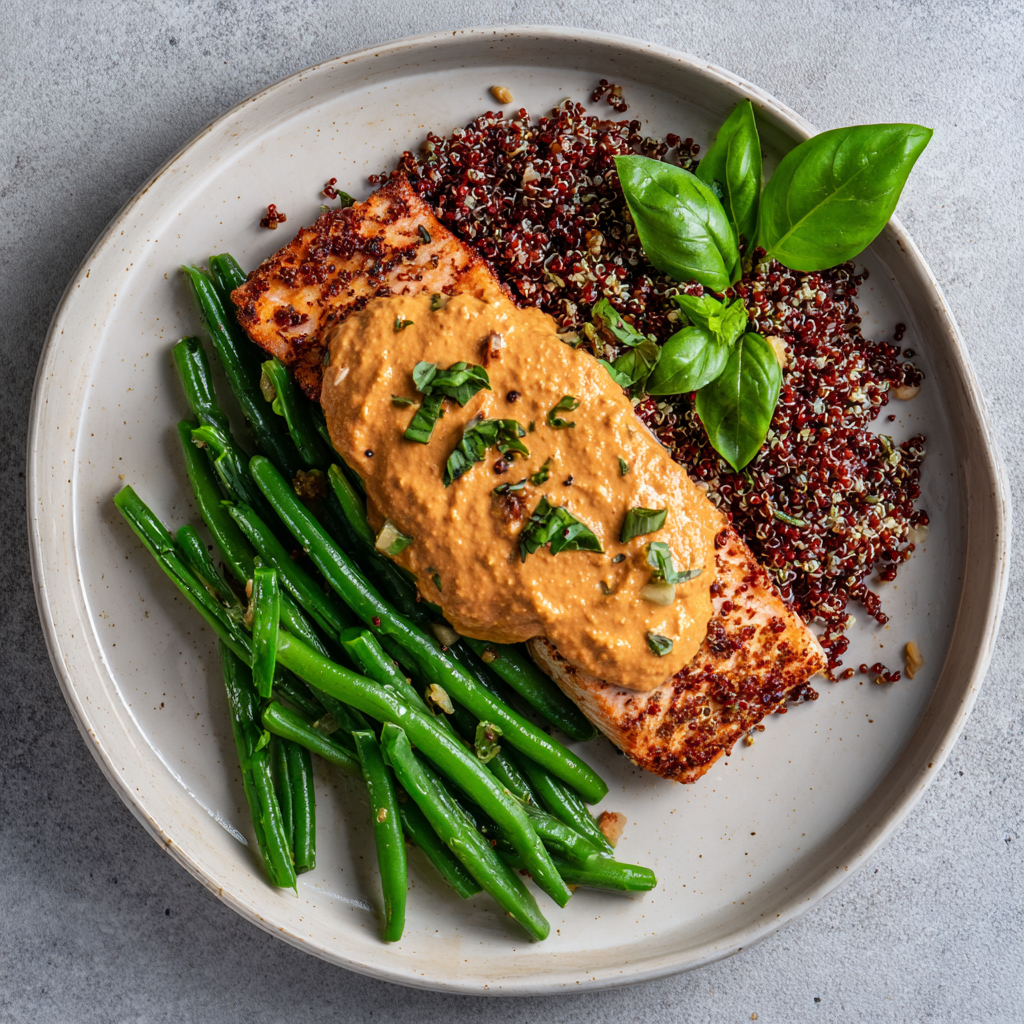 Salmon Romesco over Quinoa and Green Beans