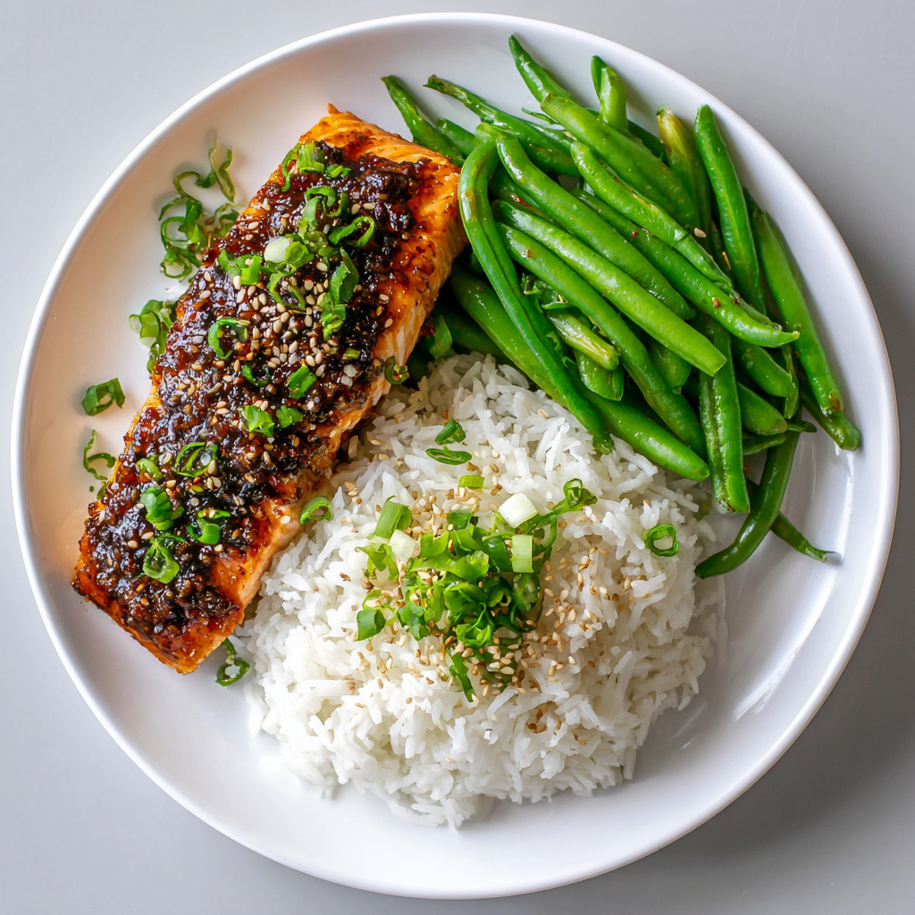 Thai Chili Salmon over Steamed Rice and Green Beans