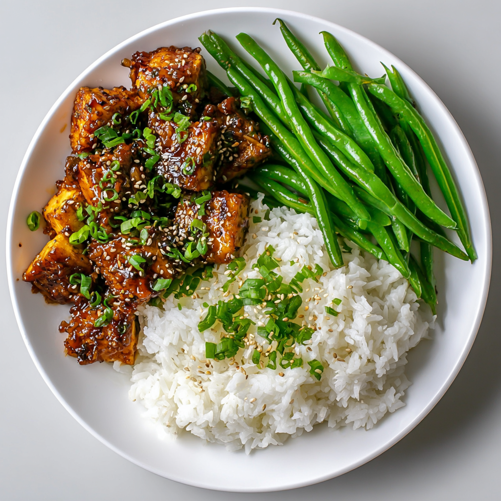 Thai Chili Tofu over Steamed Rice and Green Beans
