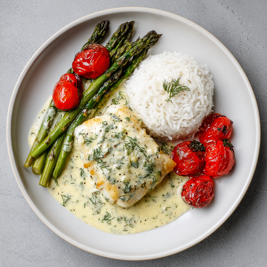 Creamy Dill Cod with Steamed Rice and Asparagus