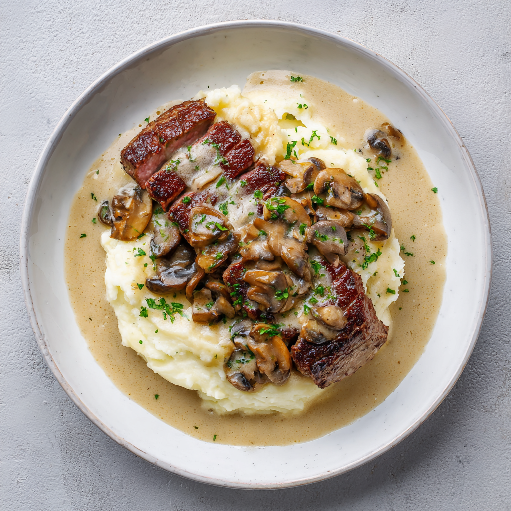 New York Mushroom Strip Steak over Mashed Potatoes