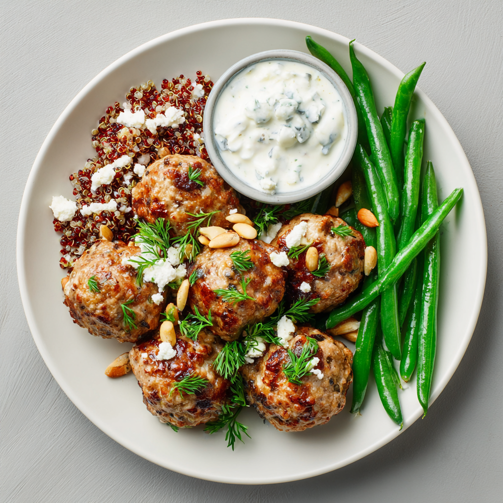 Greek Turkey Meatballs over Quinoa and Green Beans