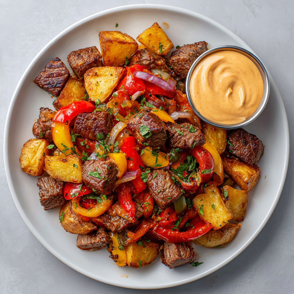 Smokey Steak Bites with Bell Peppers over Patatas Bravas