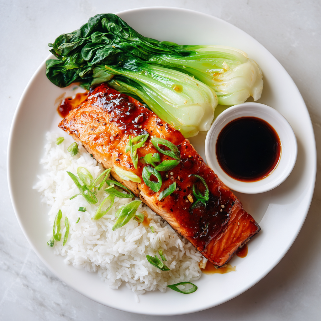 Teriyaki Salmon over Steamed Rice and Bok Choy
