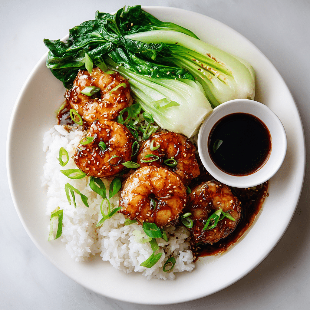 Teriyaki Shrimp over Steamed Rice and Bok Choy
