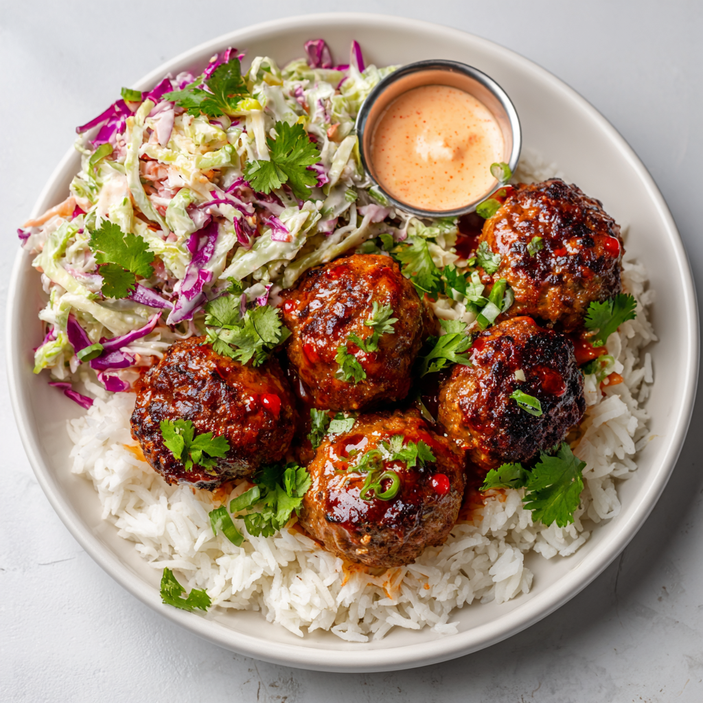 Firecracker Beef Meatballs with Broccoli Slaw