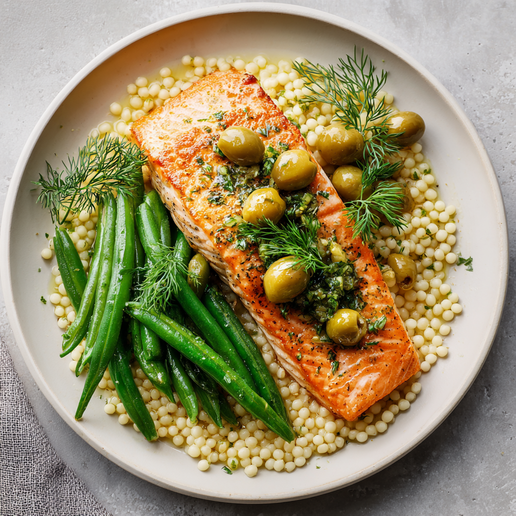 Citrus Zing Salmon over Pearl Couscous and Green Beans