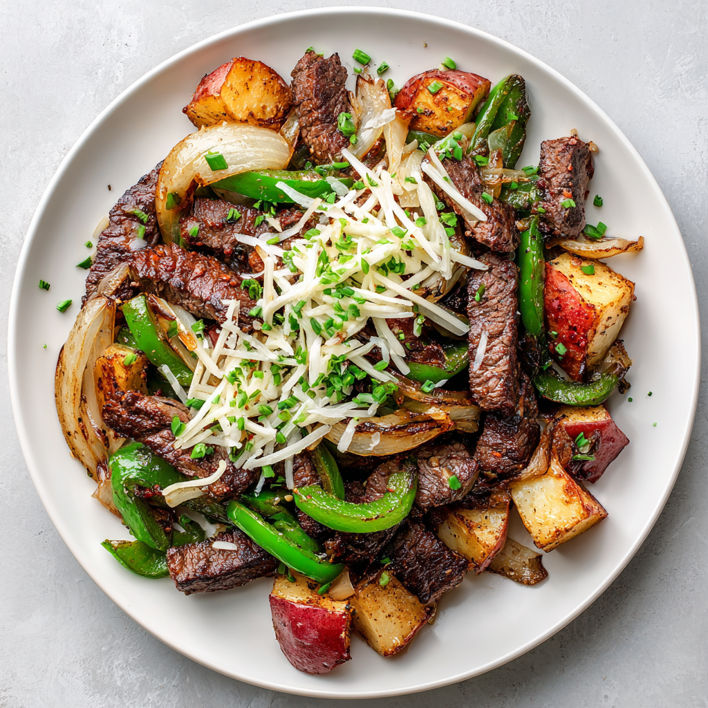 Philly Cheese Skirt Steak with Red Skin Potatoes