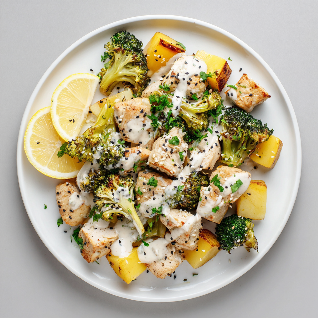 Tahini Lemon Chicken Bites over Roasted Potatoes