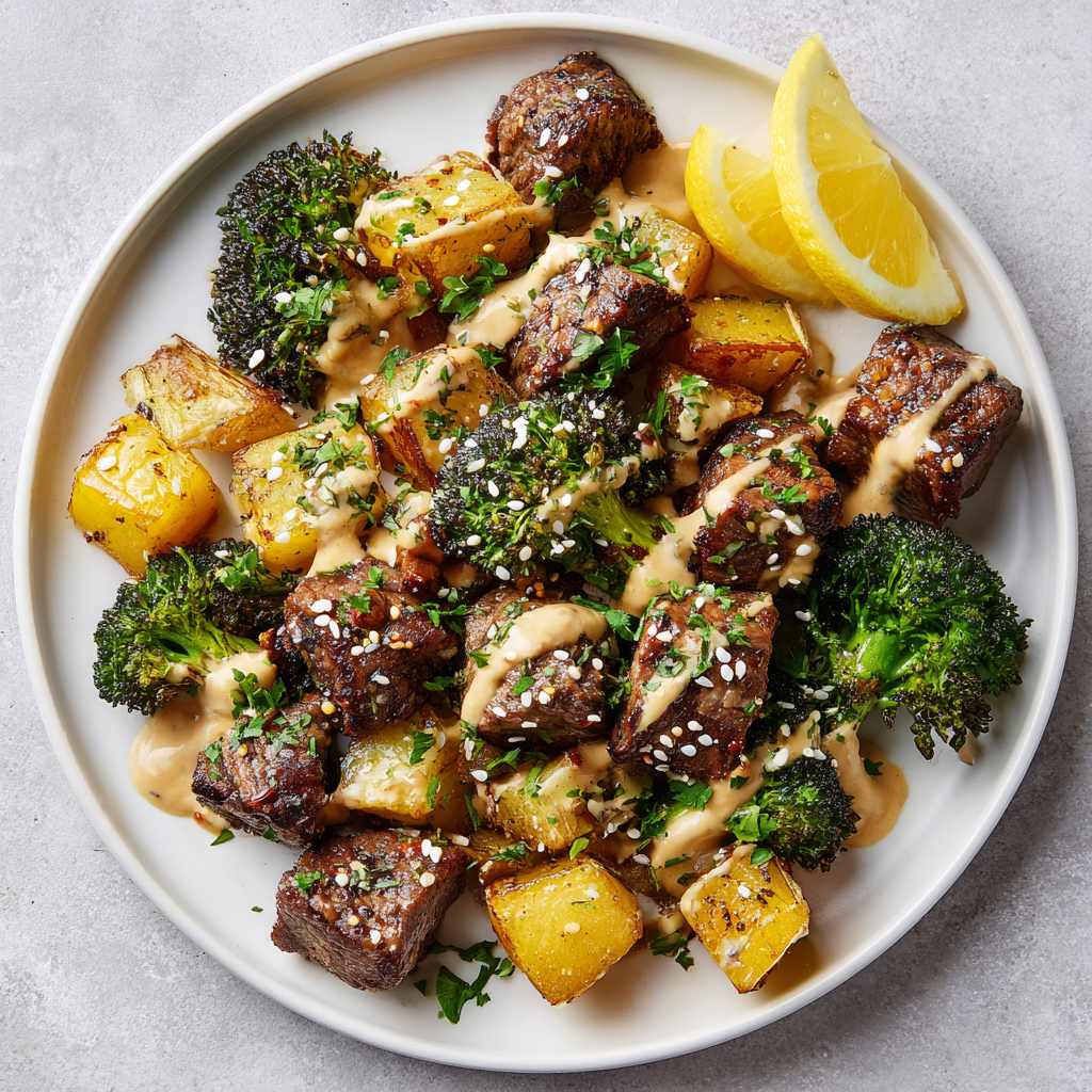 Tahini Lemon Steak Bites over Roasted Potatoes