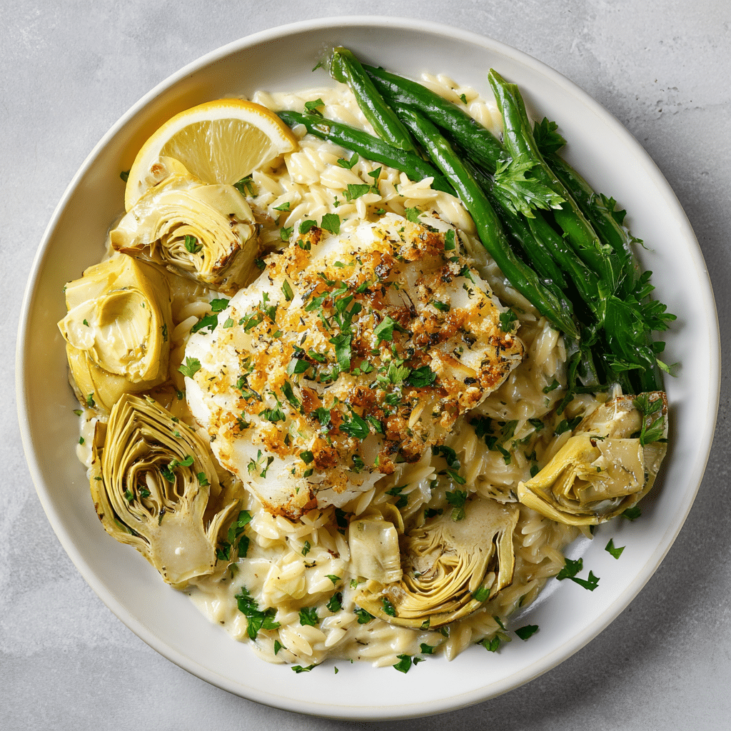 Parmesan Artichoke Cod and Orzo