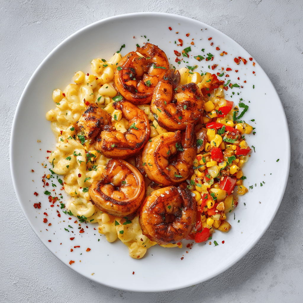 Hot Honey Shrimp Mac n' Cheese with Corn Salsa