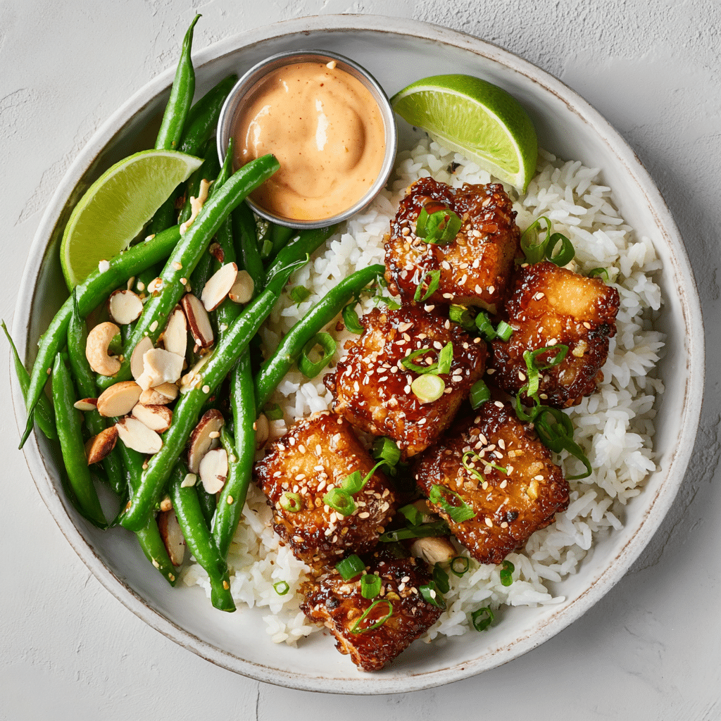 Firecracker Tofu Bites with Almond Green Beans and Coconut Rice