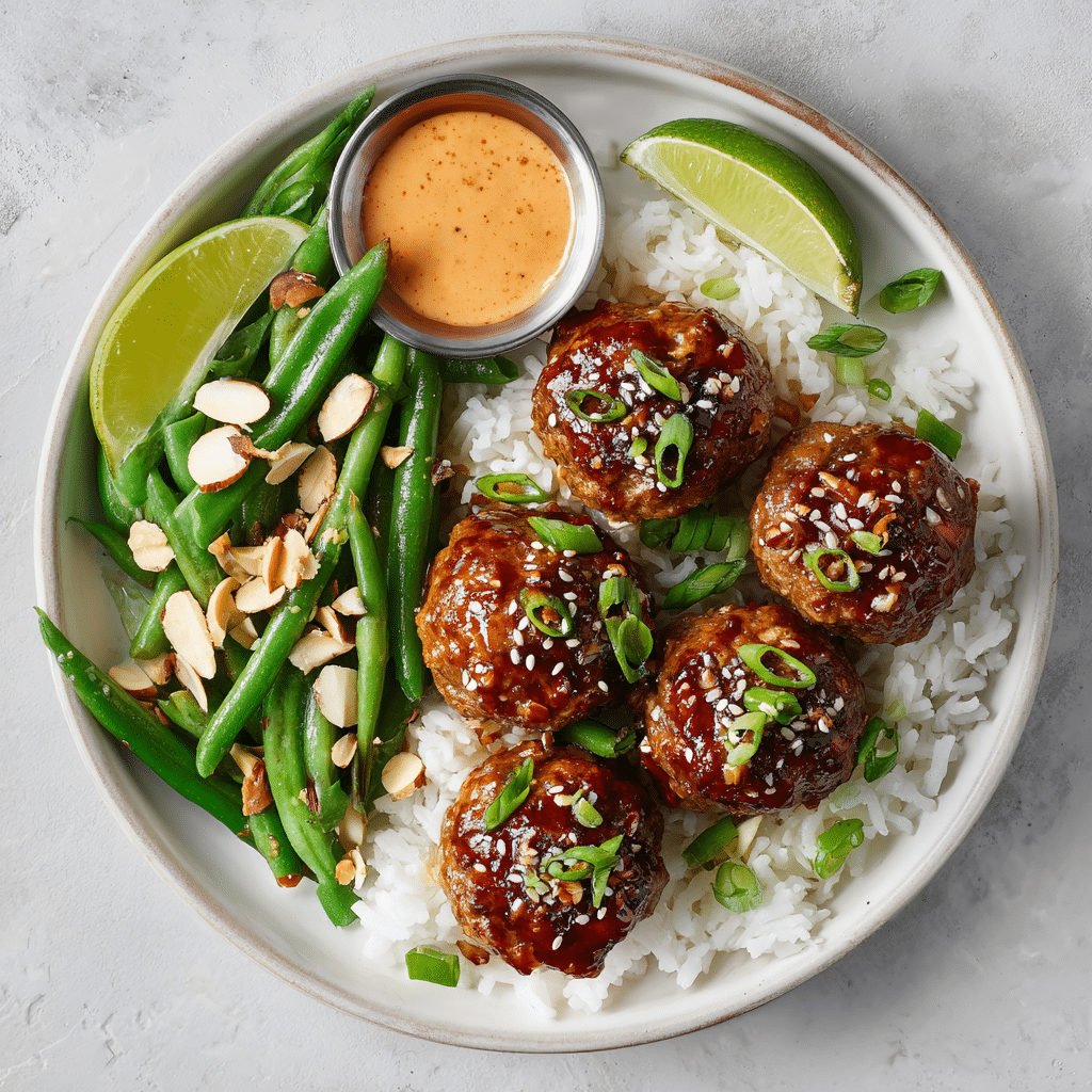 Firecracker Beef Meatballs with Almond Green Beans and Coconut Rice