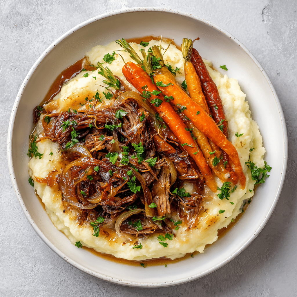 French Onion Shredded Beef and Mashed Potatoes