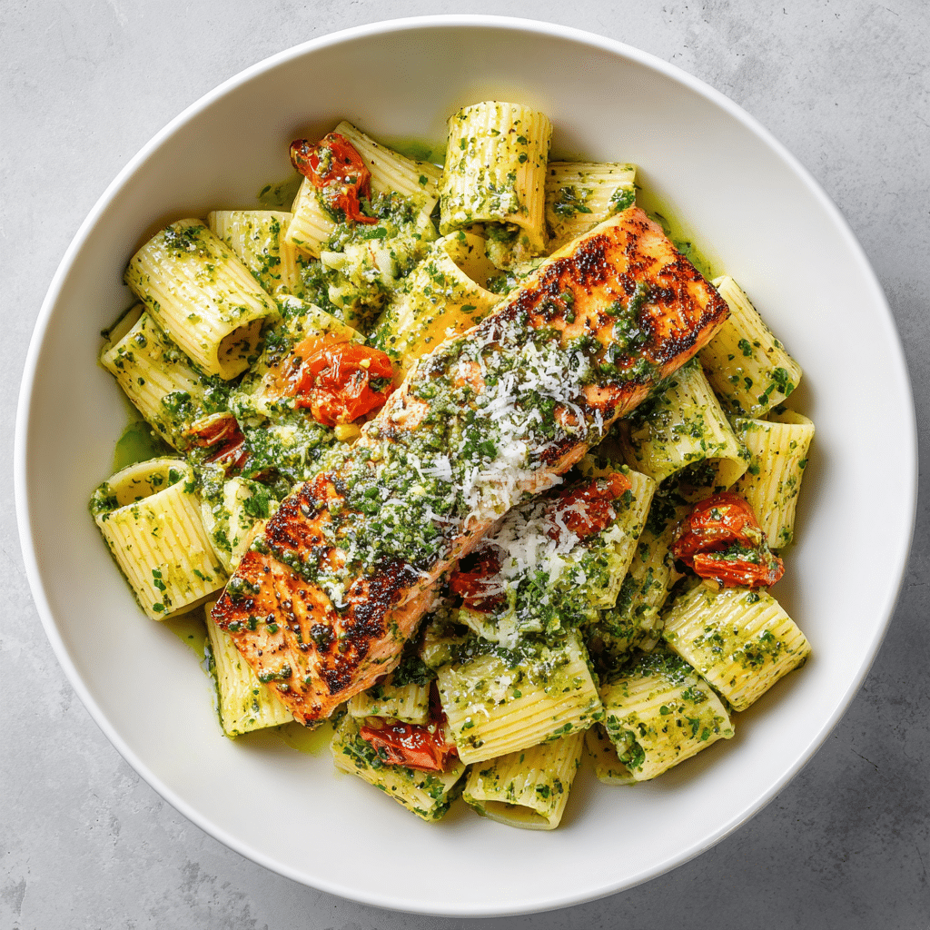Creamy Pesto Salmon Rigatoni
