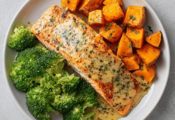 Honey Dijon Salmon with Sweet Potatoes and Broccoli