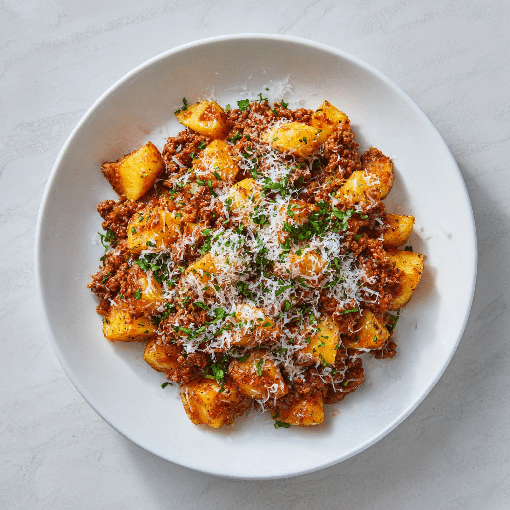 Ground Beef Bolognese with Roasted Potatoes