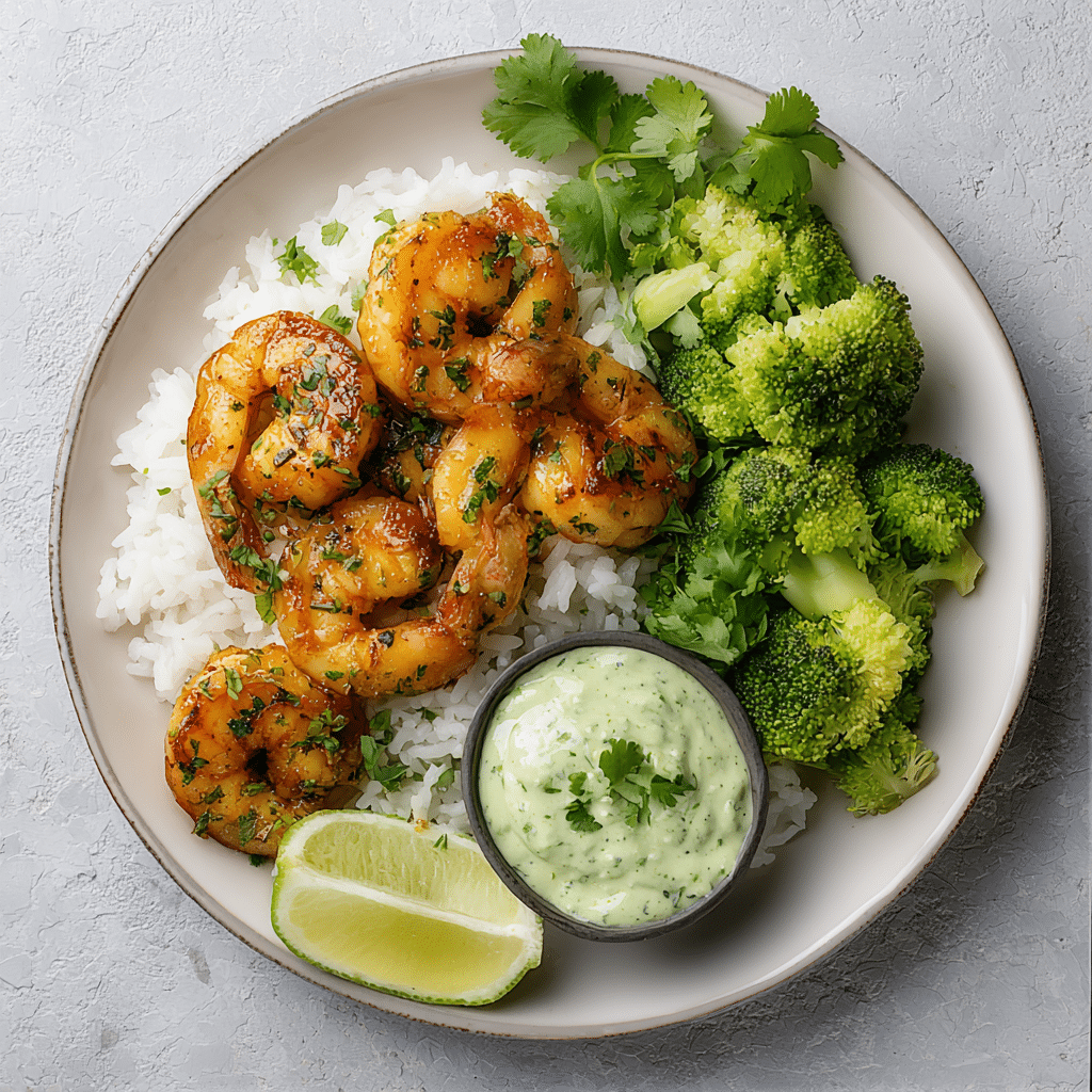 Honey Glazed Shrimp over Cilantro Rice and Broccoli
