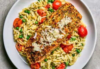 Parmesan Crusted Salmon Over Lemon Butter Orzo