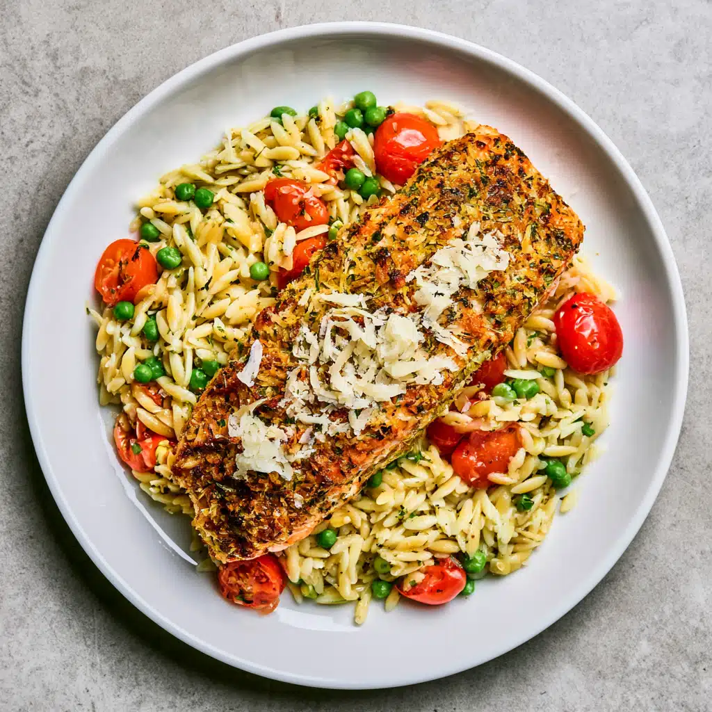 Parmesan Crusted Salmon Over Lemon Butter Orzo