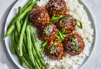 Firecracker Beef Meatballs with Green Beans and Coconut Rice