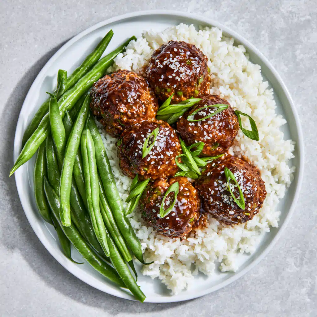 Firecracker Beef Meatballs with Green Beans and Coconut Rice